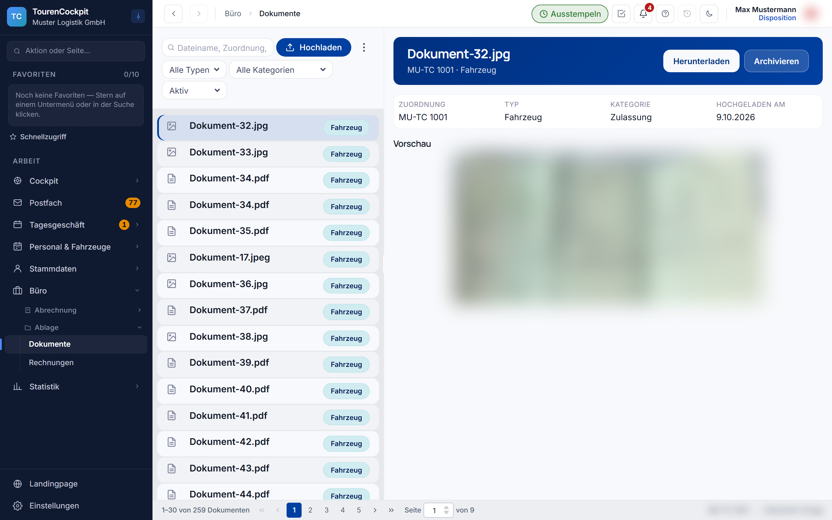 Dokumente-Ablage mit Zuordnung, Kategorie und Vorschau