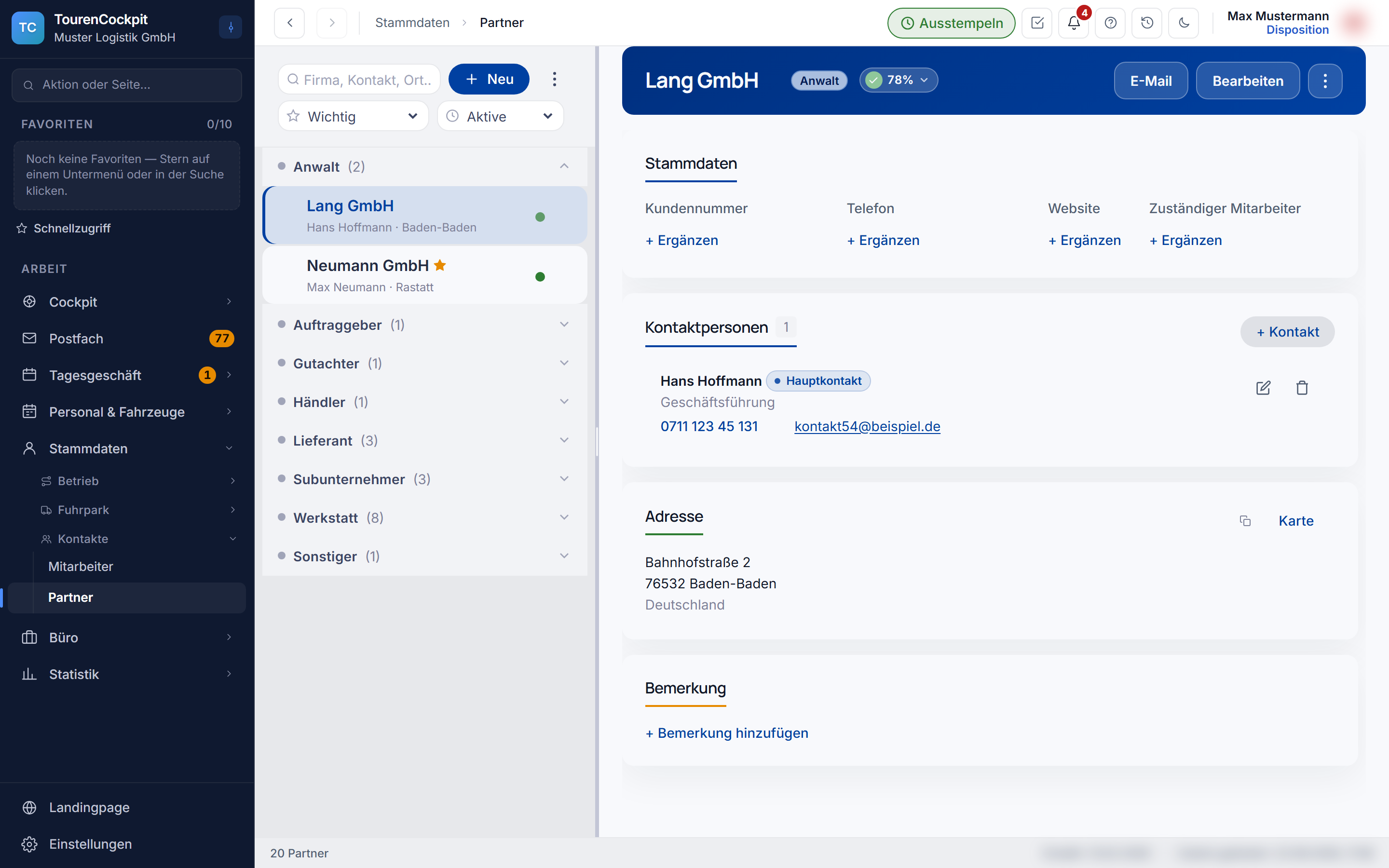 Partner mit Kontaktperson und Adresse