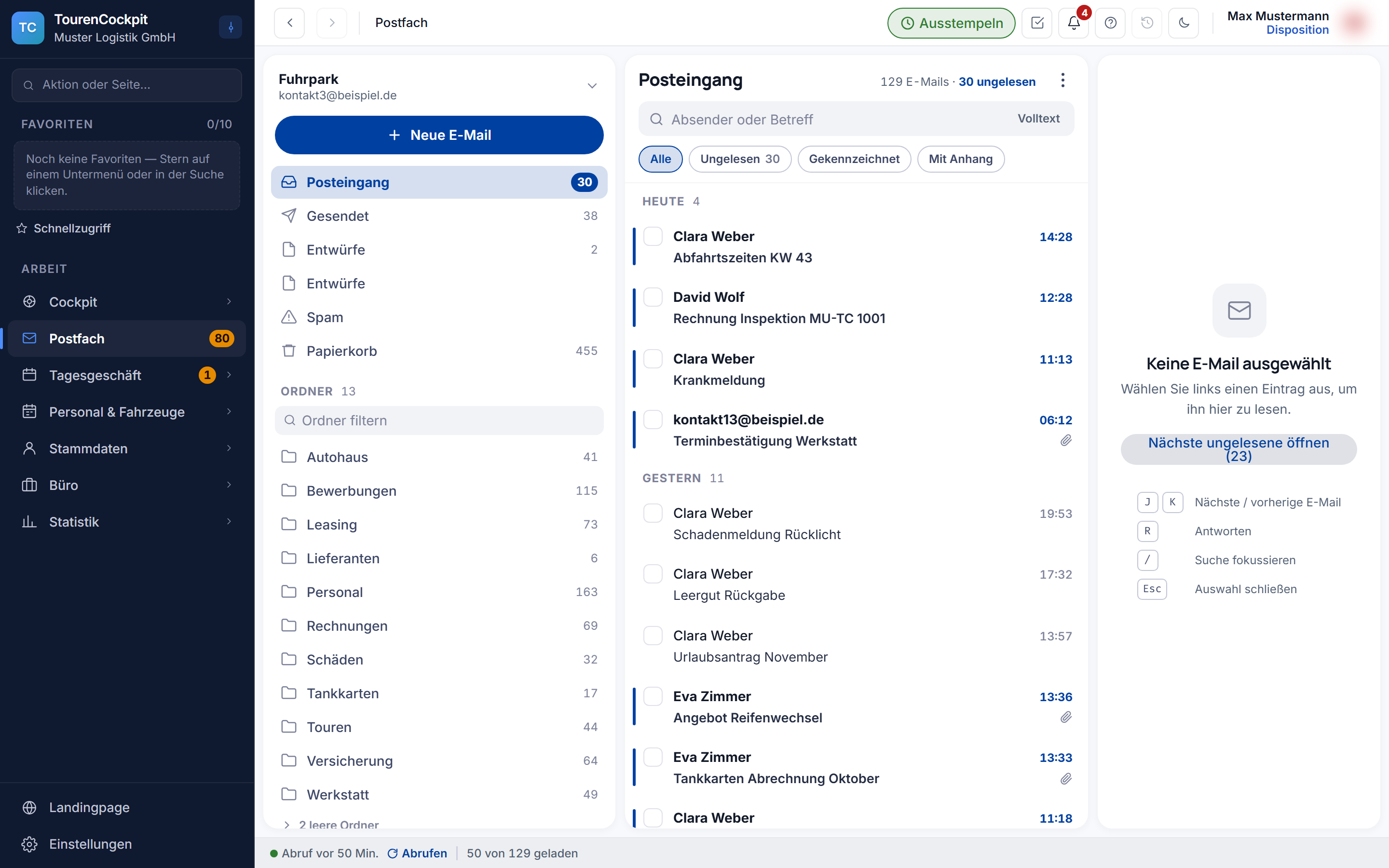Postfach: Posteingang mit Ordnern, ungelesenen E-Mails und Anhängen