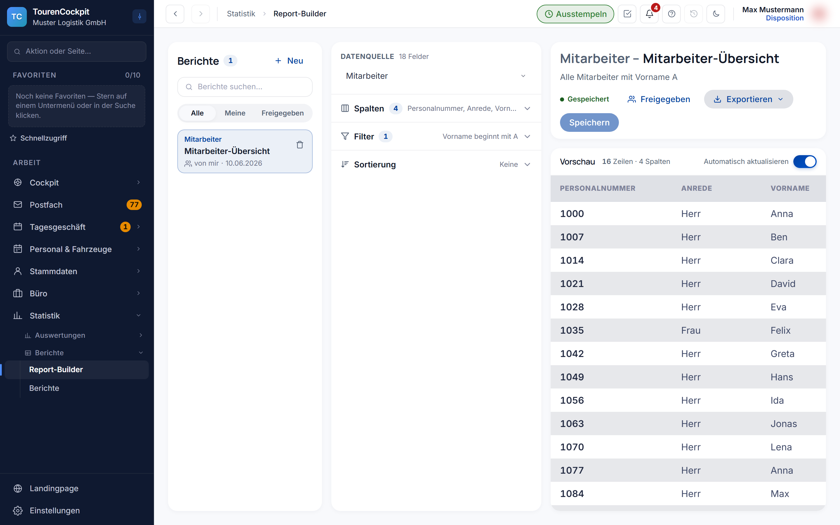 Report-Builder: gespeicherter Bericht mit Spalten, Filter und Vorschau