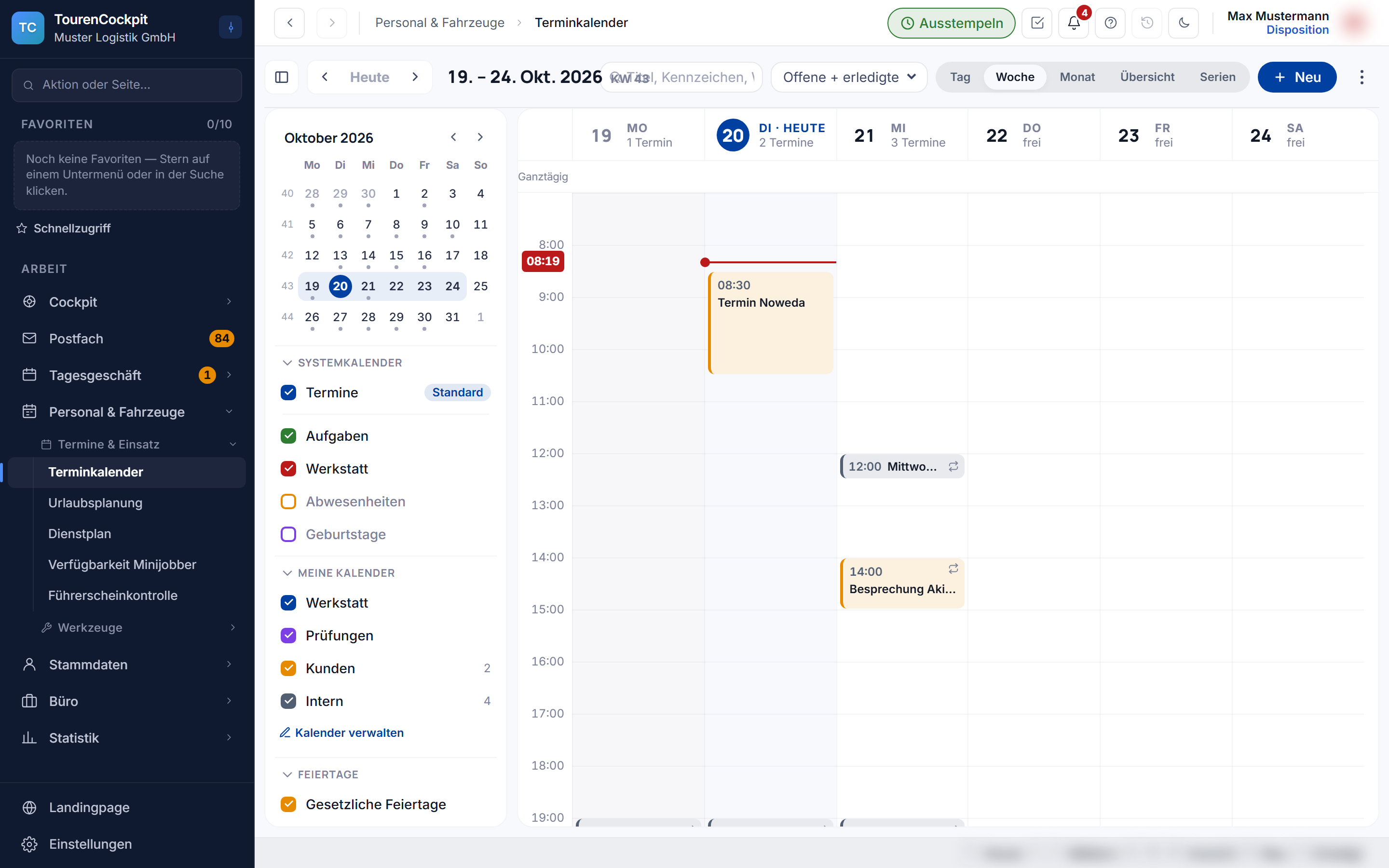 Terminkalender: Werkstatt-, Prüf-, Kunden- und interne Termine in der Wochenansicht